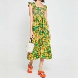 Kourt Calypso Tropical Floral Plant Print Green Tiered Maxi Dress XL